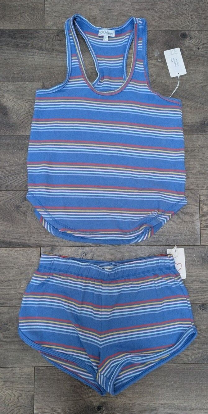 P.J. Salvage Women’s Sz S Lounge Sleep Set Blue Multicolor Stripe Tank & Shorts